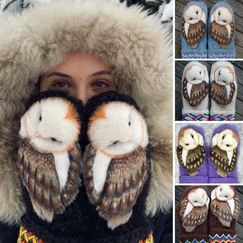 Hand Knitted Wool Nordic Mittens With Owls