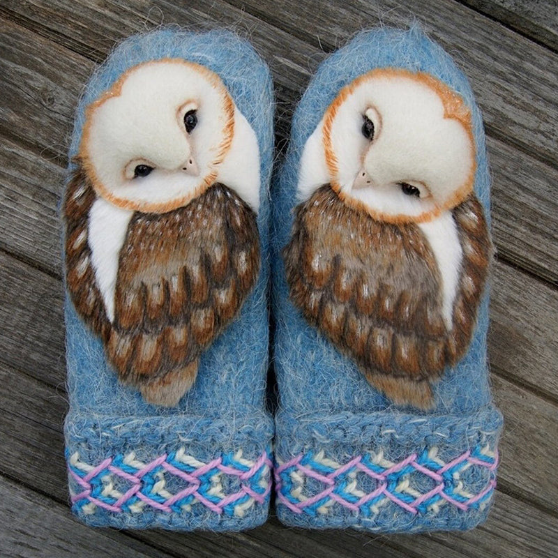 Hand Knitted Wool Nordic Mittens With Owls