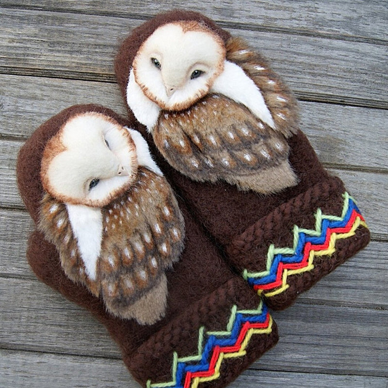 Hand Knitted Wool Nordic Mittens With Owls
